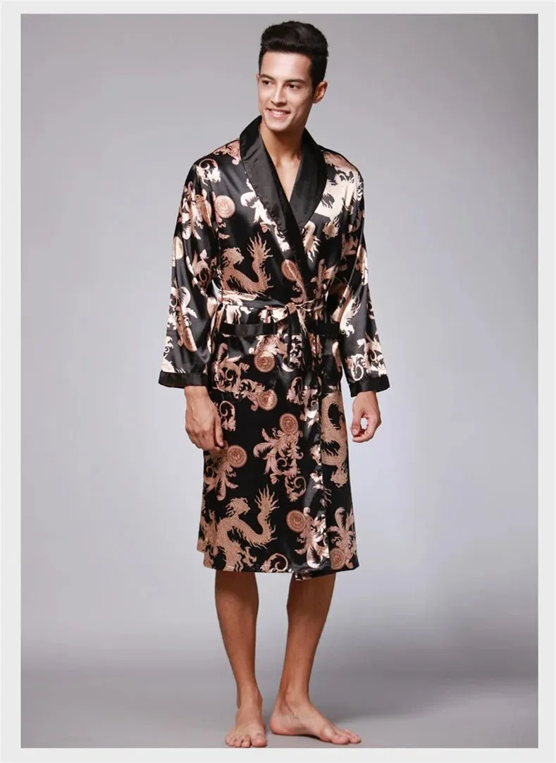 Men Summer Autumn Kimono Bath Robe Silk Satin Golden Dragon Long Bathrobe Dressing Gown Knee Length Black Sleepwear