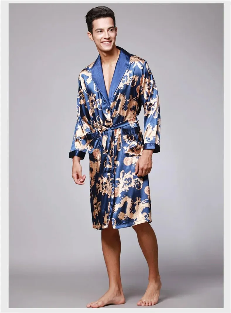 Men Summer Autumn Kimono Bath Robe Silk Satin Golden Dragon Long Bathrobe Dressing Gown Knee Length Black Sleepwear
