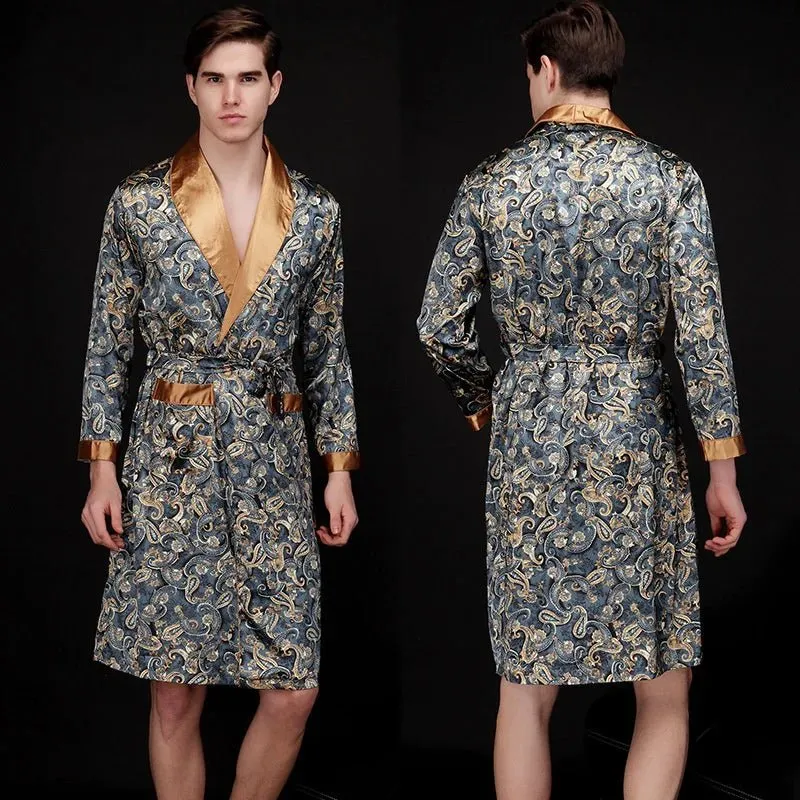 Men Summer Autumn Kimono Bath Robe Silk Satin Golden Dragon Long Bathrobe Dressing Gown Knee Length Black Sleepwear