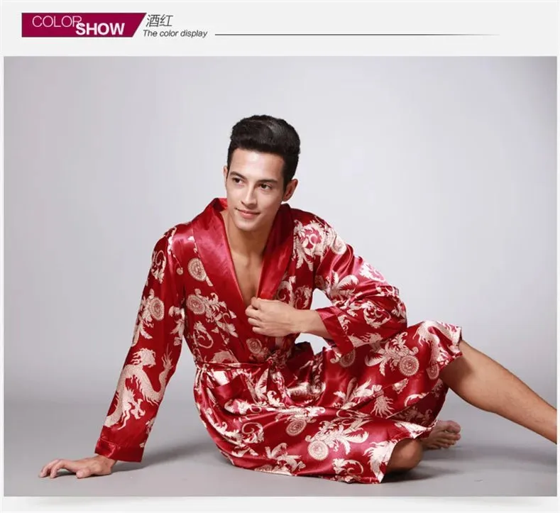 Men Summer Autumn Kimono Bath Robe Silk Satin Golden Dragon Long Bathrobe Dressing Gown Knee Length Black Sleepwear
