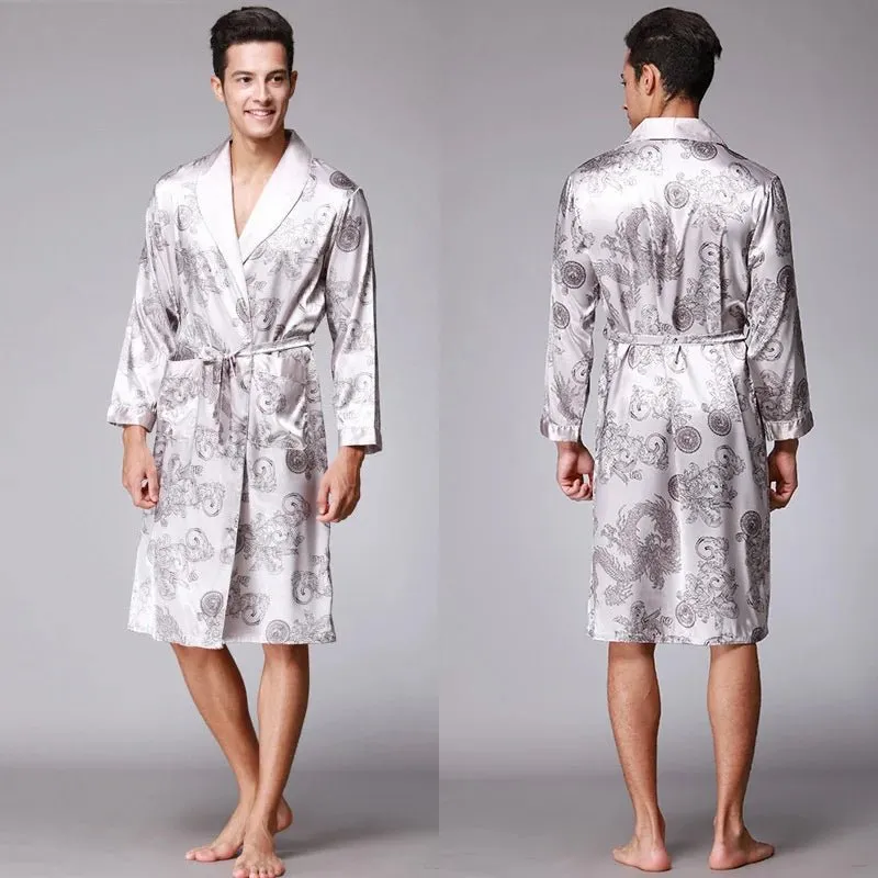 Men Summer Autumn Kimono Bath Robe Silk Satin Golden Dragon Long Bathrobe Dressing Gown Knee Length Black Sleepwear