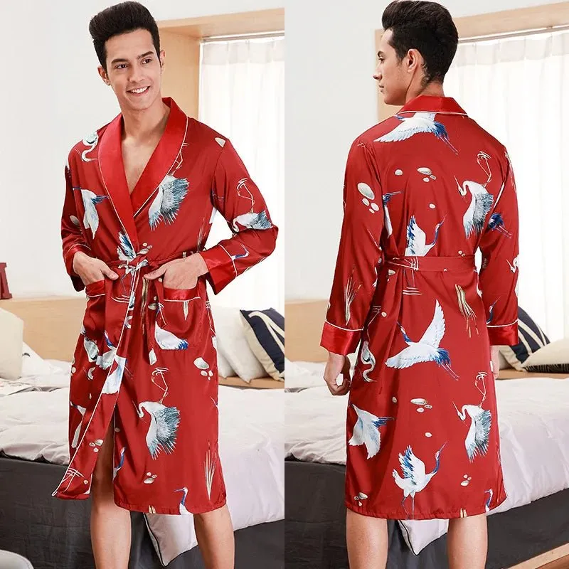 Men Summer Autumn Kimono Bath Robe Silk Satin Golden Dragon Long Bathrobe Dressing Gown Knee Length Black Sleepwear