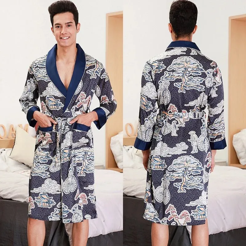 Men Summer Autumn Kimono Bath Robe Silk Satin Golden Dragon Long Bathrobe Dressing Gown Knee Length Black Sleepwear