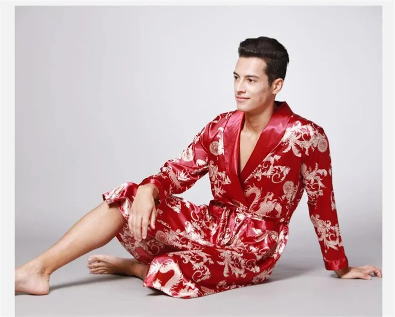 Men Summer Autumn Kimono Bath Robe Silk Satin Golden Dragon Long Bathrobe Dressing Gown Knee Length Black Sleepwear