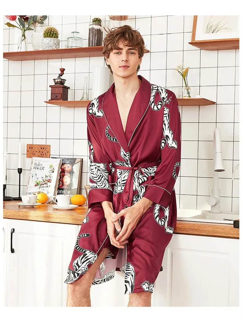 Men Summer Autumn Kimono Bath Robe Silk Satin Golden Dragon Long Bathrobe Dressing Gown Knee Length Black Sleepwear