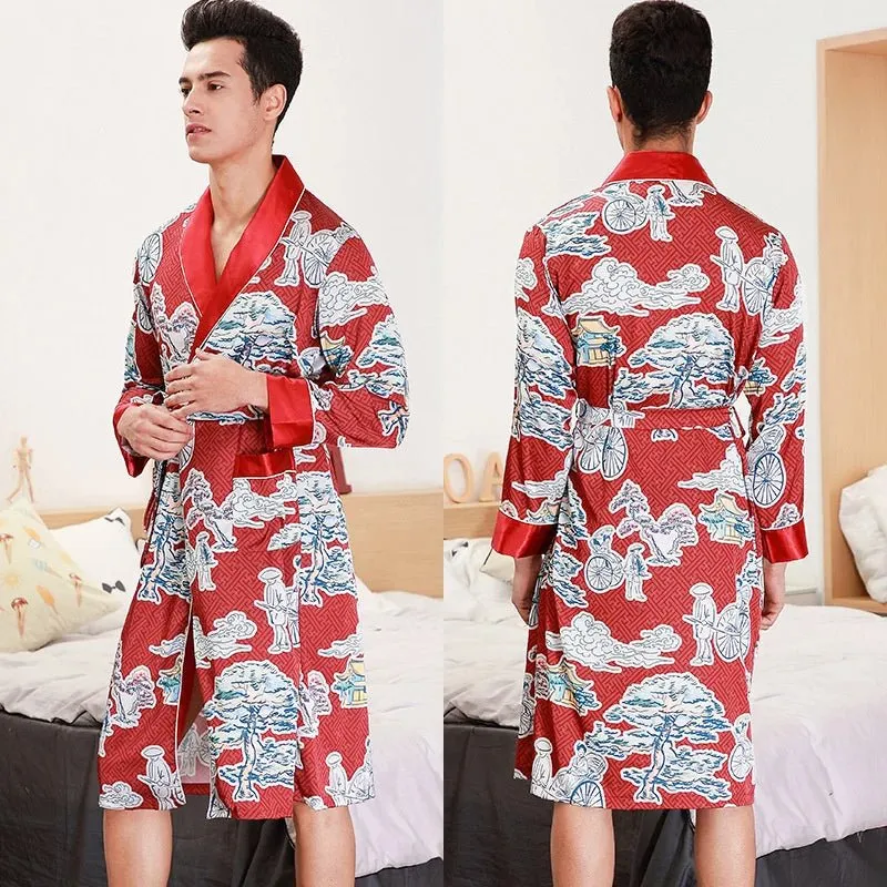 Men Summer Autumn Kimono Bath Robe Silk Satin Golden Dragon Long Bathrobe Dressing Gown Knee Length Black Sleepwear
