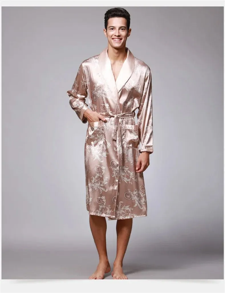 Men Summer Autumn Kimono Bath Robe Silk Satin Golden Dragon Long Bathrobe Dressing Gown Knee Length Black Sleepwear