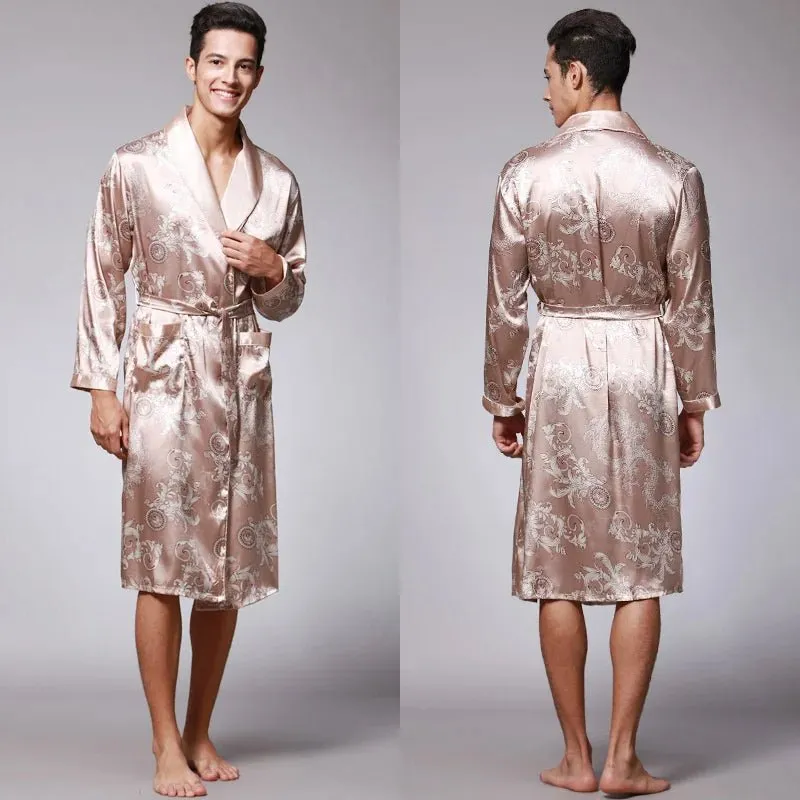 Men Summer Autumn Kimono Bath Robe Silk Satin Golden Dragon Long Bathrobe Dressing Gown Knee Length Black Sleepwear