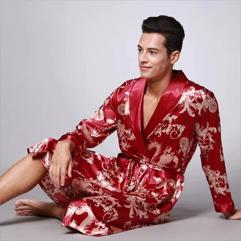 Men Summer Autumn Kimono Bath Robe Silk Satin Golden Dragon Long Bathrobe Dressing Gown Knee Length Black Sleepwear
