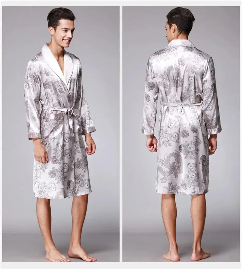 Men Summer Autumn Kimono Bath Robe Silk Satin Golden Dragon Long Bathrobe Dressing Gown Knee Length Black Sleepwear