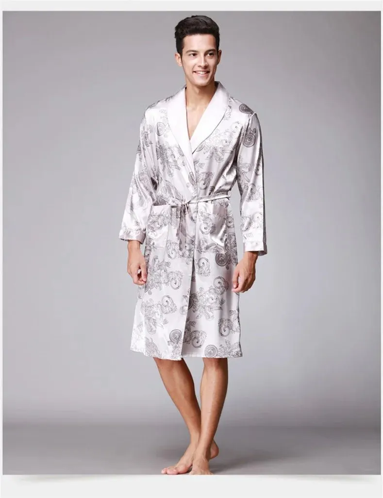 Men Summer Autumn Kimono Bath Robe Silk Satin Golden Dragon Long Bathrobe Dressing Gown Knee Length Black Sleepwear