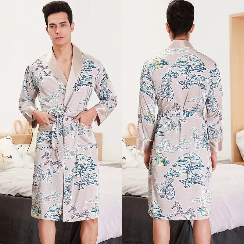Men Summer Autumn Kimono Bath Robe Silk Satin Golden Dragon Long Bathrobe Dressing Gown Knee Length Black Sleepwear