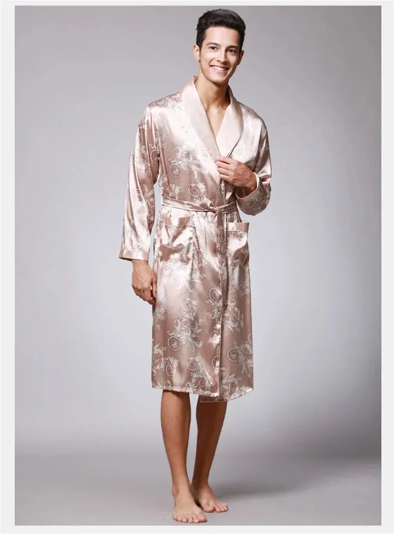 Men Summer Autumn Kimono Bath Robe Silk Satin Golden Dragon Long Bathrobe Dressing Gown Knee Length Black Sleepwear