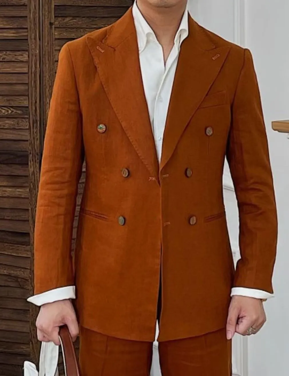 Men's Double Breasted Blazer Pants Set 2 Piece Casual Linen Summer Tuxedo Suits for Wedding Party
