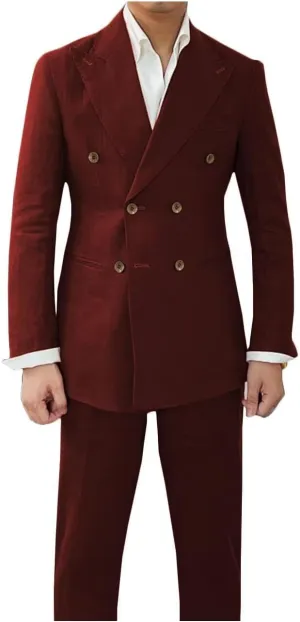 Men's Double Breasted Blazer Pants Set 2 Piece Casual Linen Summer Tuxedo Suits for Wedding Party