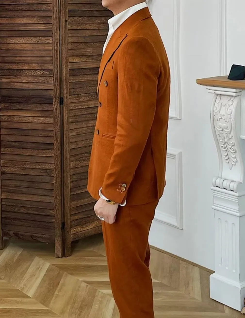 Men's Double Breasted Blazer Pants Set 2 Piece Casual Linen Summer Tuxedo Suits for Wedding Party