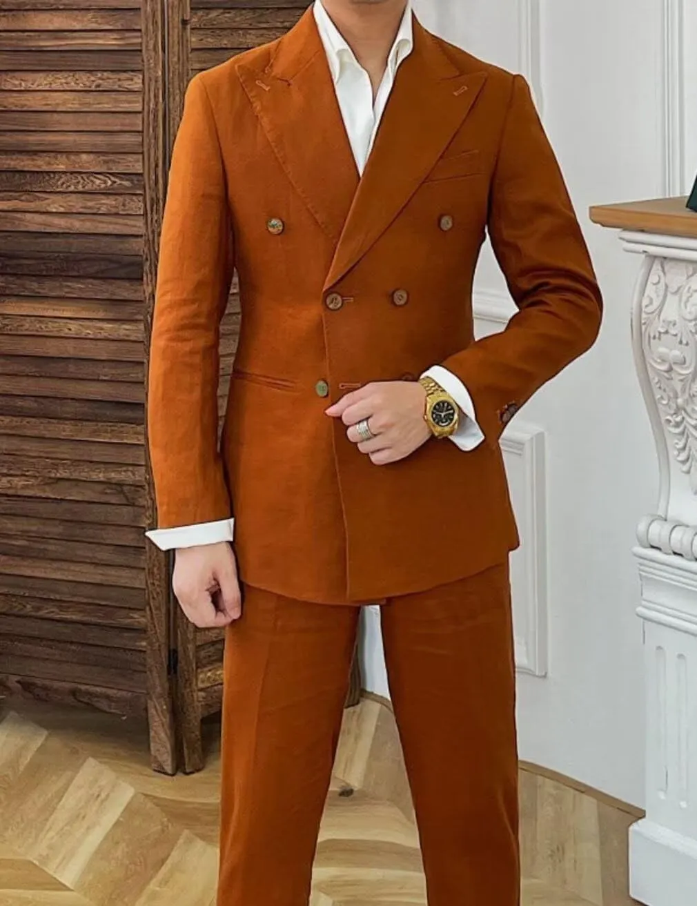 Men's Double Breasted Blazer Pants Set 2 Piece Casual Linen Summer Tuxedo Suits for Wedding Party