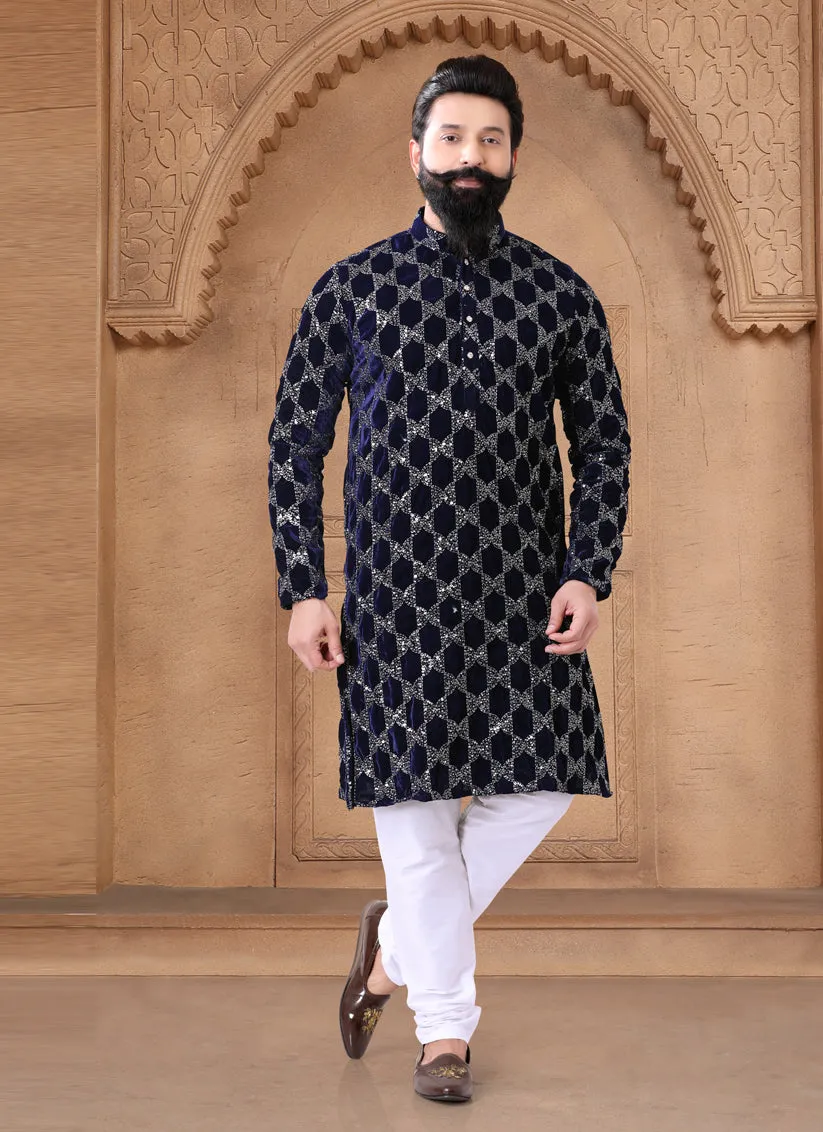 Navy Blue Velvet Mens Kurta Pajama Set