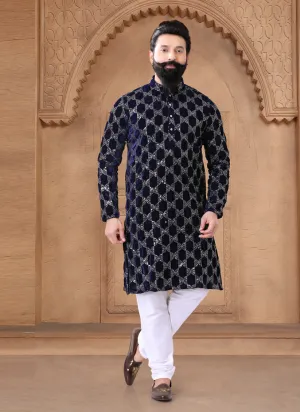 Navy Blue Velvet Mens Kurta Pajama Set