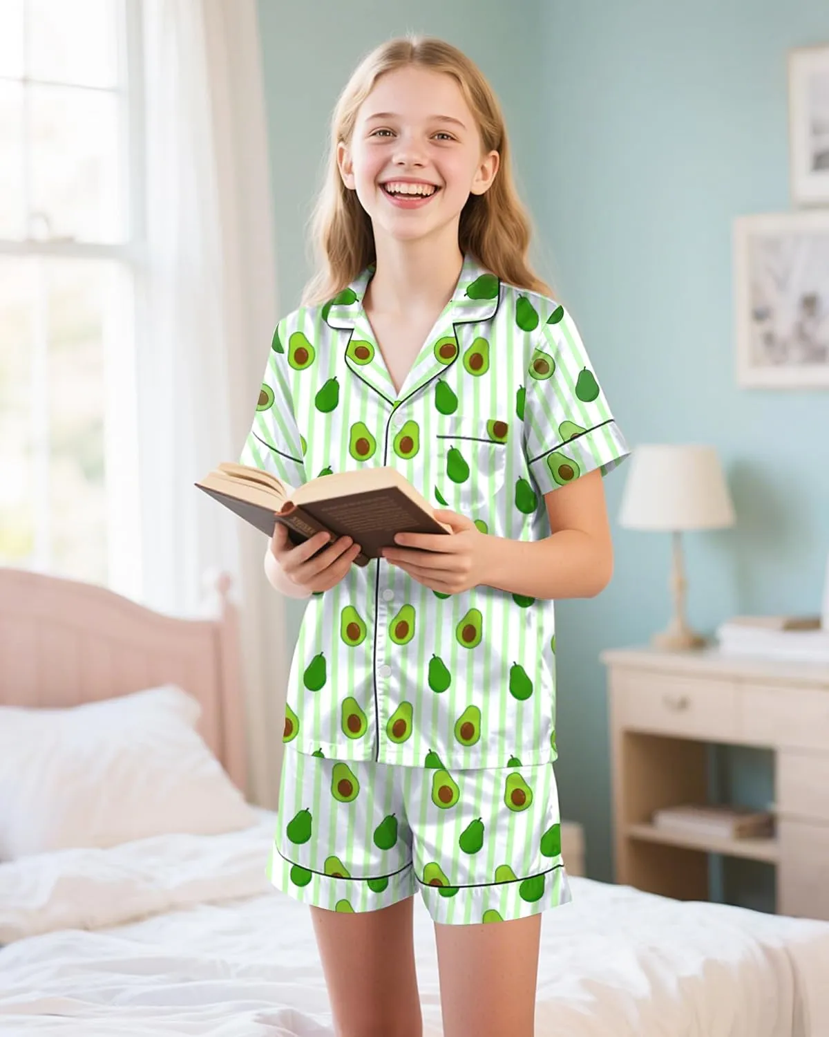 Nidoul Girls Pajamas Satin Pajama Set Silk Pjs Short Sleeve Button Down Summer Sleepwear for Big Kids 7-14Y