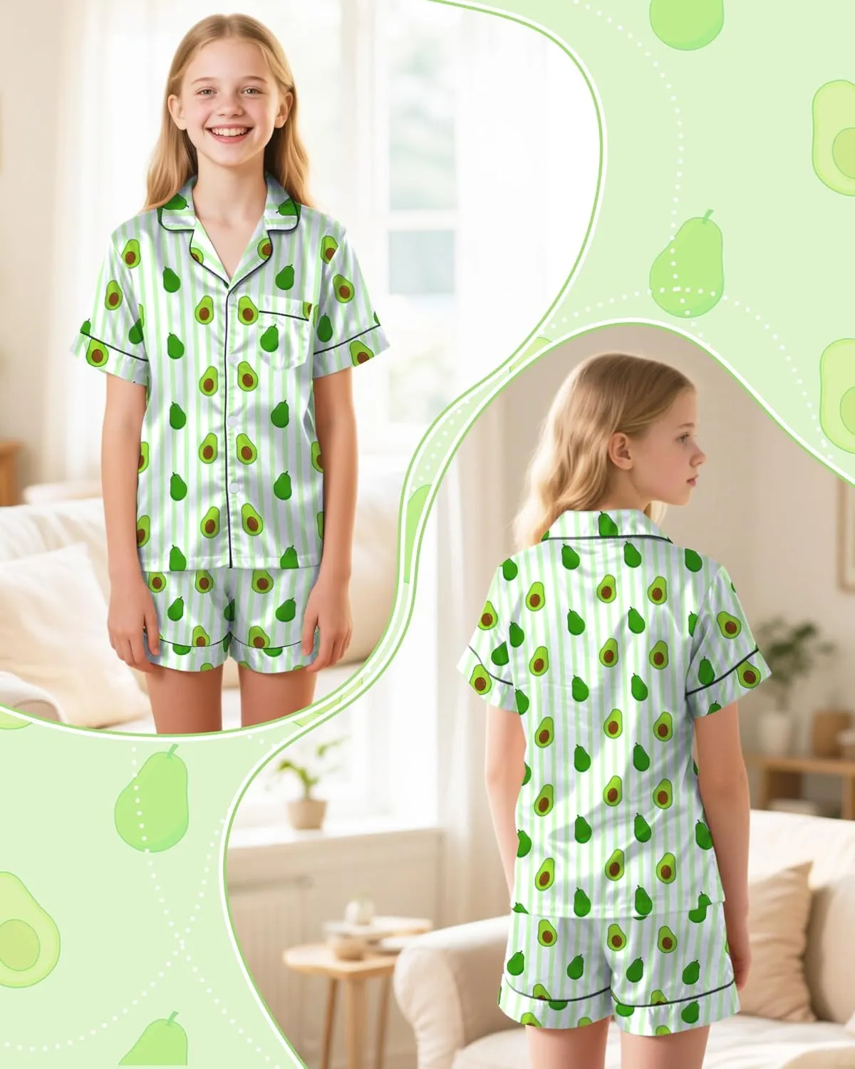 Nidoul Girls Pajamas Satin Pajama Set Silk Pjs Short Sleeve Button Down Summer Sleepwear for Big Kids 7-14Y