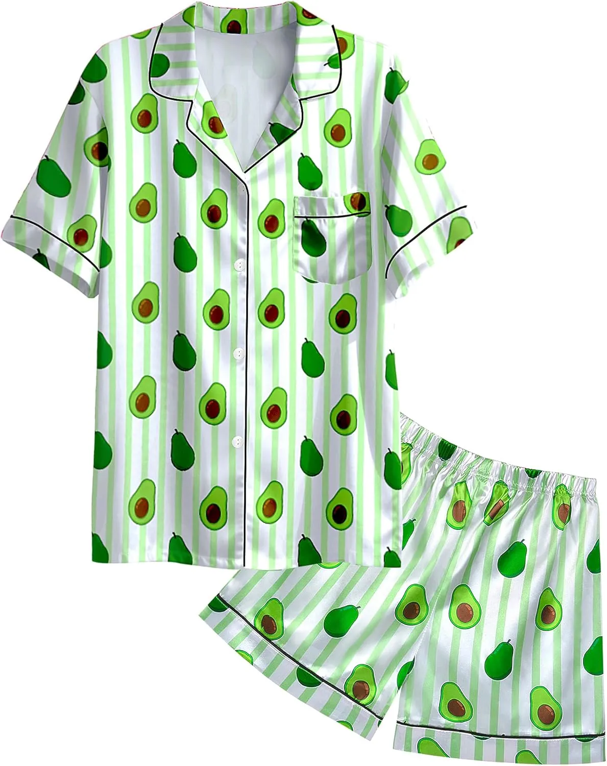 Nidoul Girls Pajamas Satin Pajama Set Silk Pjs Short Sleeve Button Down Summer Sleepwear for Big Kids 7-14Y