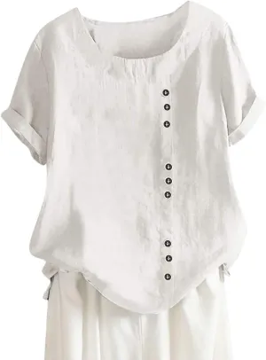 Summer Tops for Women 2025 Cotton Linen Casual Half Sleeve T Shirt Crewneck Oversized Tops Beach Vacation Blouse
