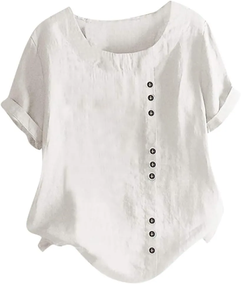 Summer Tops for Women 2025 Cotton Linen Casual Half Sleeve T Shirt Crewneck Oversized Tops Beach Vacation Blouse