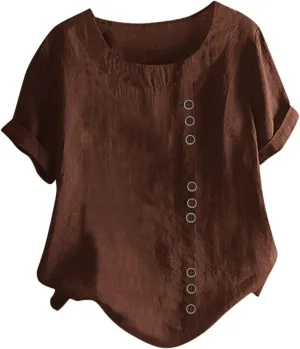 Summer Tops for Women 2025 Cotton Linen Casual Half Sleeve T Shirt Crewneck Oversized Tops Beach Vacation Blouse