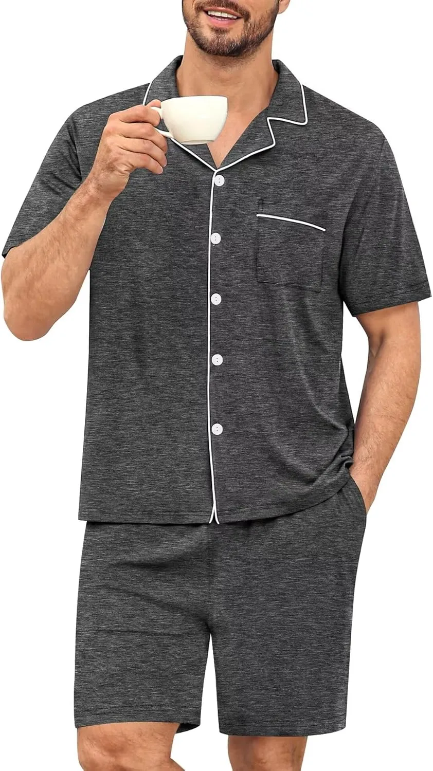SWOMOG Mens Pajama Set Short Sleeve 2 PCS Sleepwear Button Down Soft Loungewear Modal Set Pj Set with Pockets S-3XL