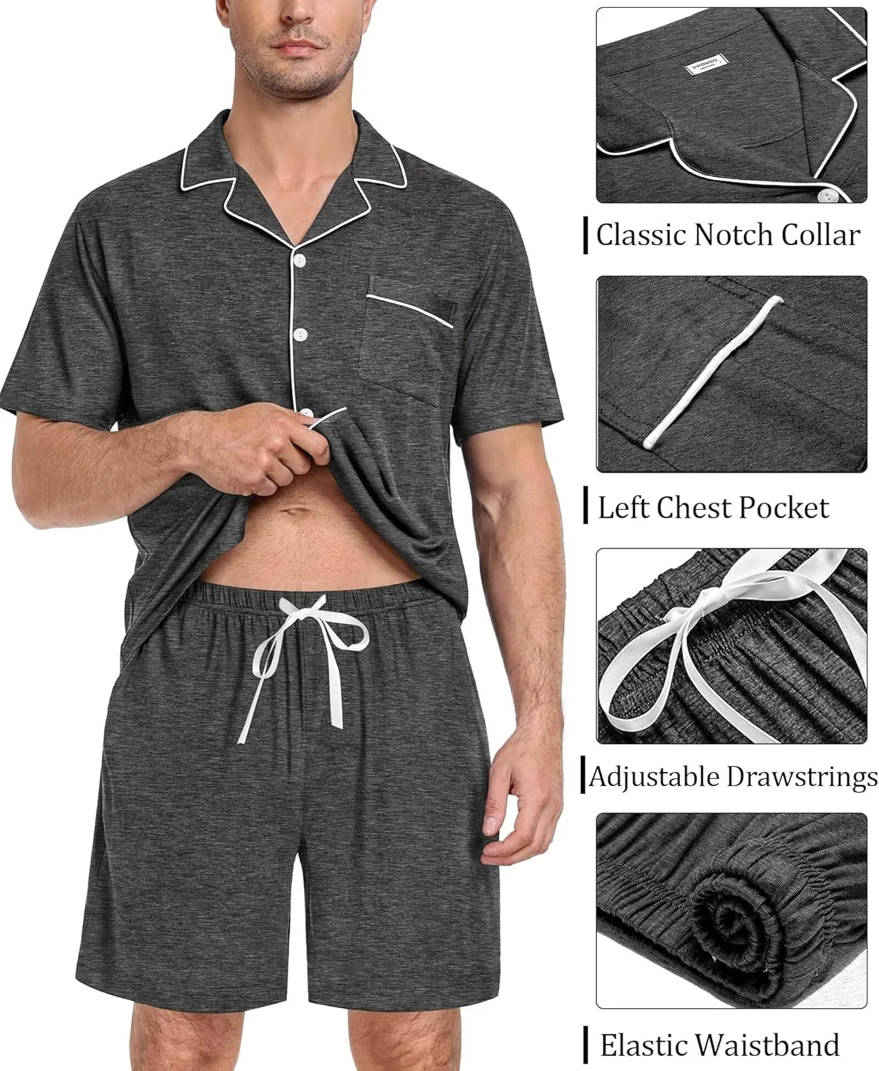 SWOMOG Mens Pajama Set Short Sleeve 2 PCS Sleepwear Button Down Soft Loungewear Modal Set Pj Set with Pockets S-3XL