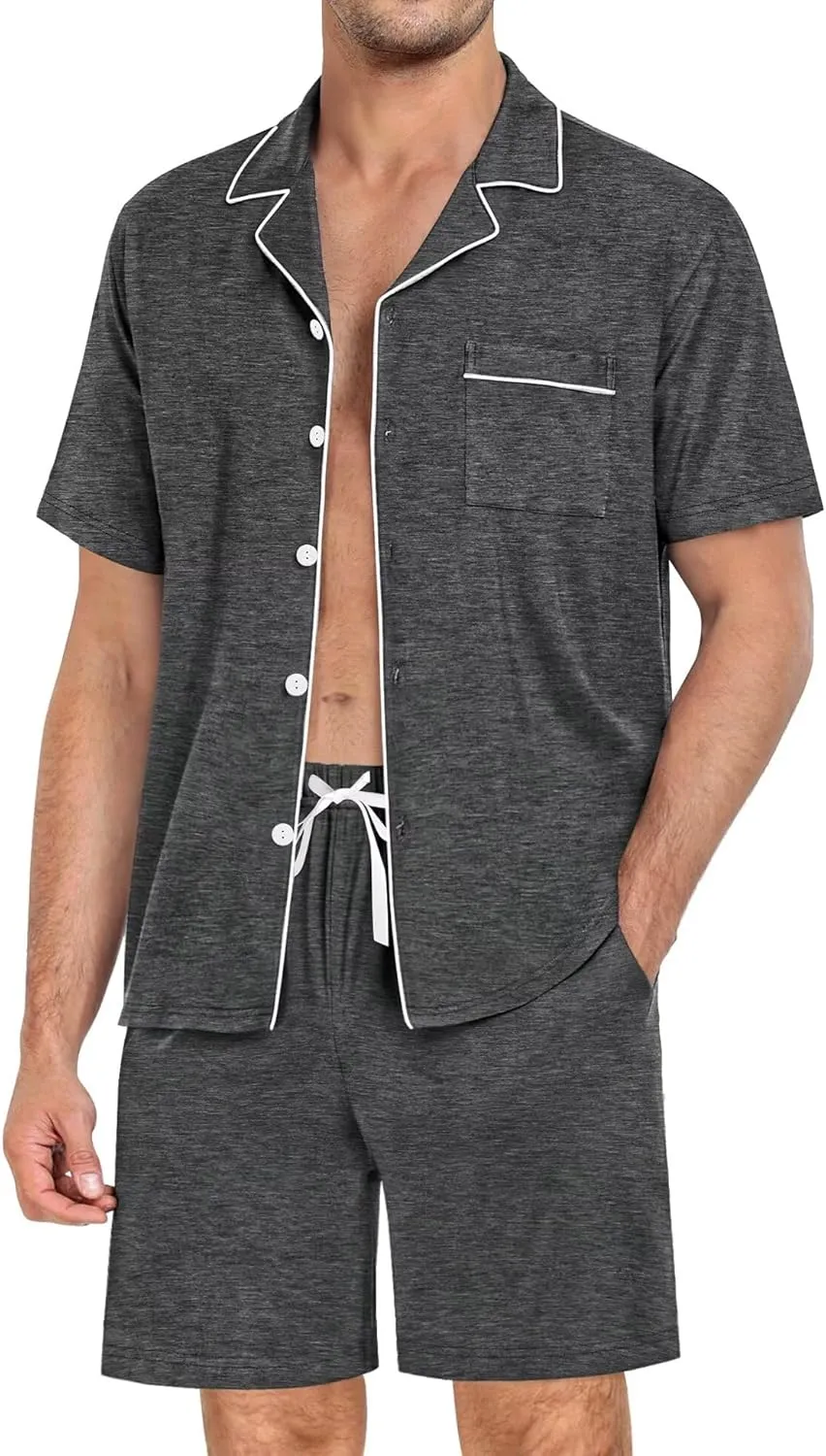 SWOMOG Mens Pajama Set Short Sleeve 2 PCS Sleepwear Button Down Soft Loungewear Modal Set Pj Set with Pockets S-3XL