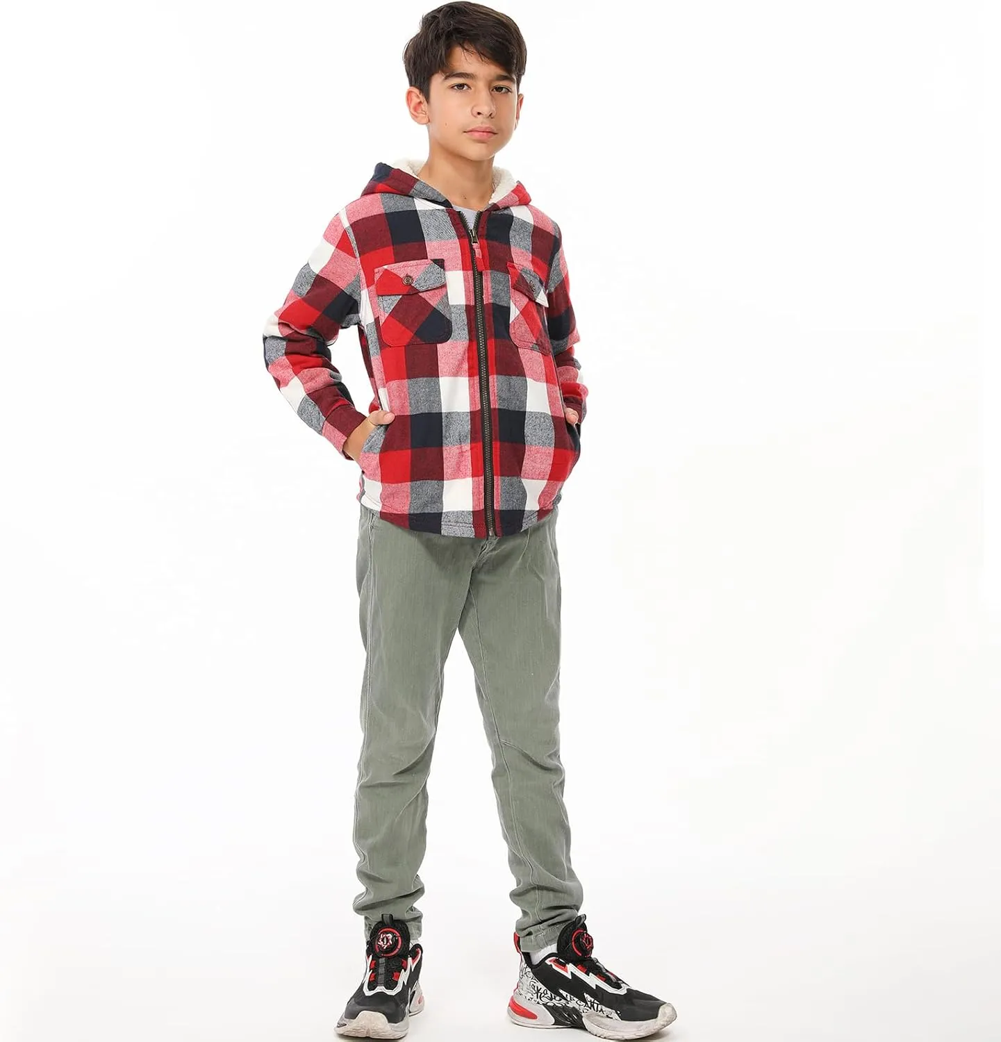 ThCreasa Boys Plaid Flannel Jackets Sherpa Lined Zip Up Long Sleeve Warm Flannel Shirt with Hood