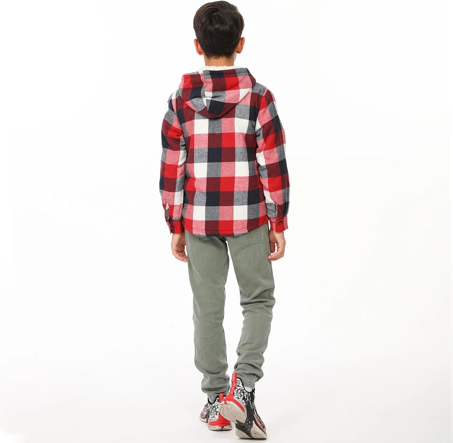ThCreasa Boys Plaid Flannel Jackets Sherpa Lined Zip Up Long Sleeve Warm Flannel Shirt with Hood