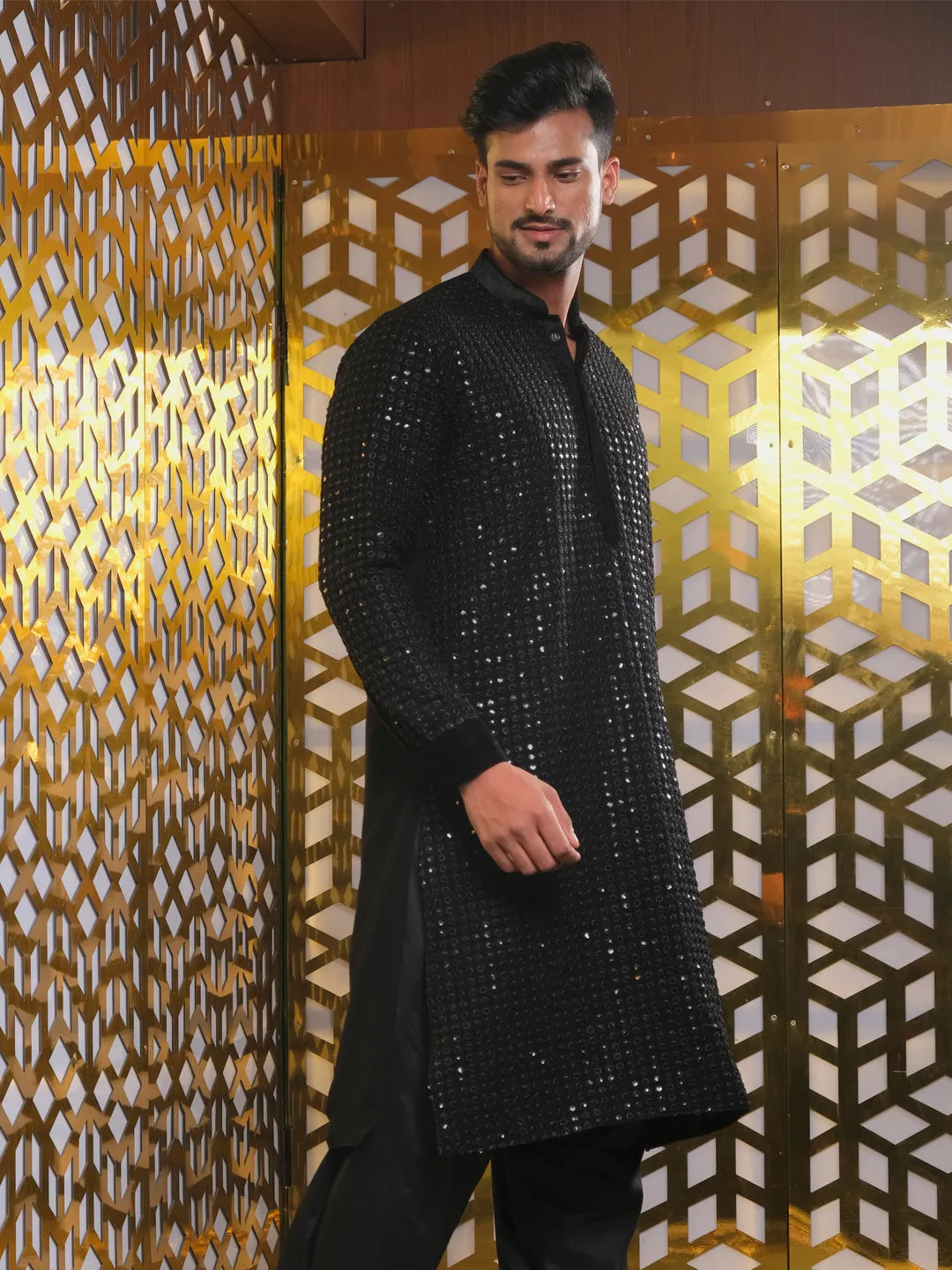 Vastramay Men's Black Mirror Georgette Kurta