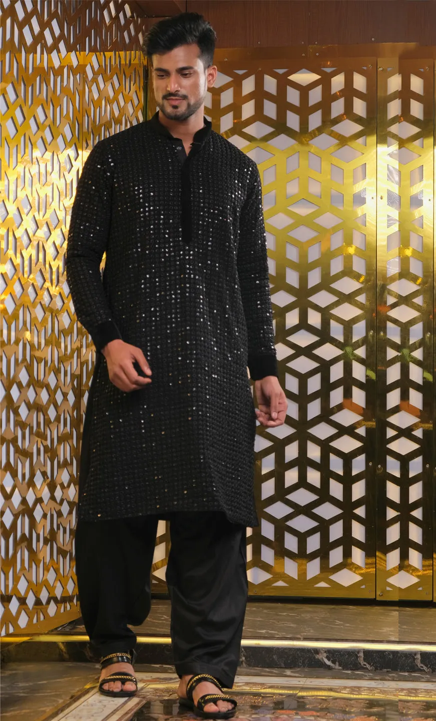 Vastramay Men's Black Mirror Georgette Kurta
