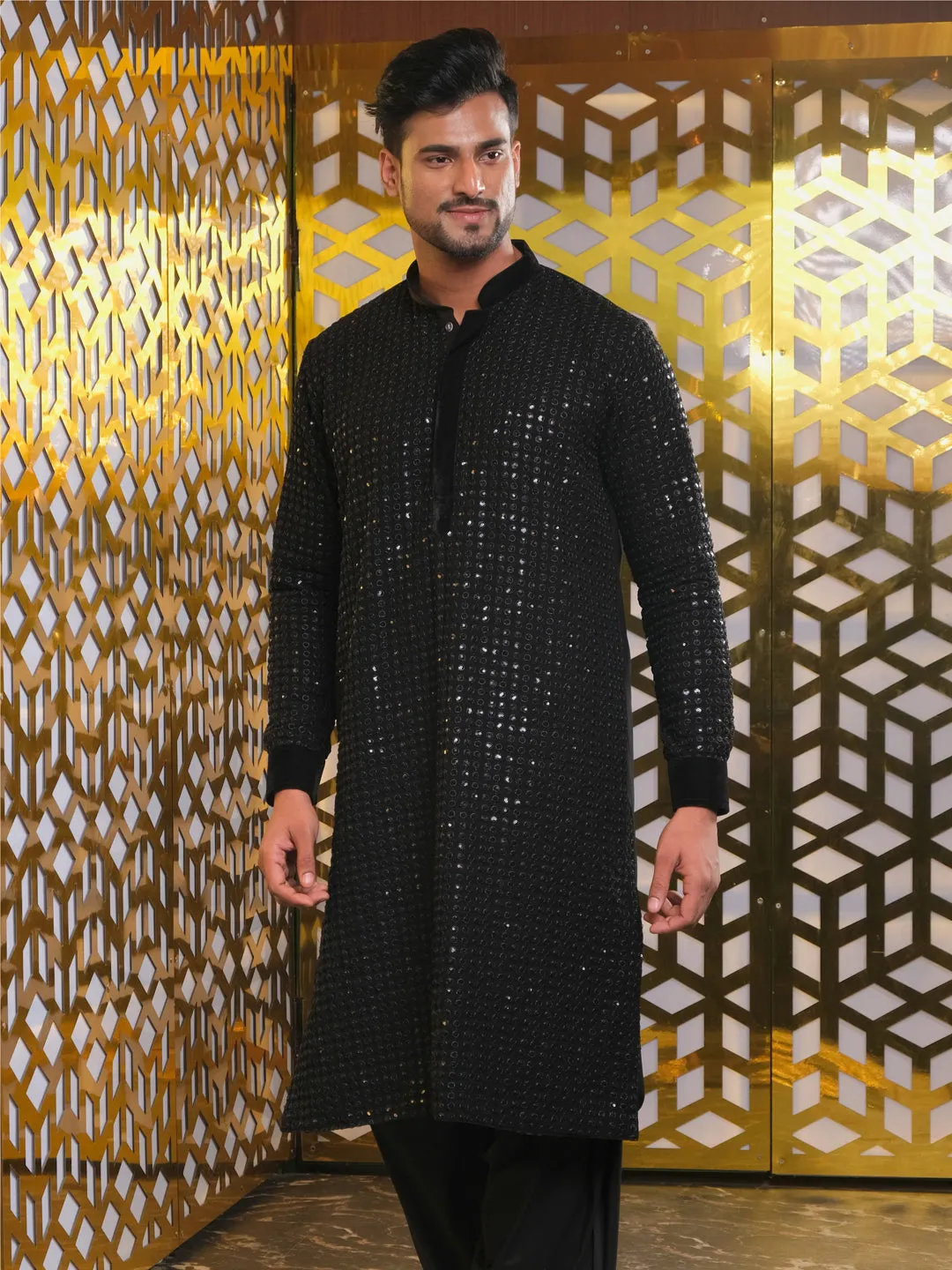 Vastramay Men's Black Mirror Georgette Kurta