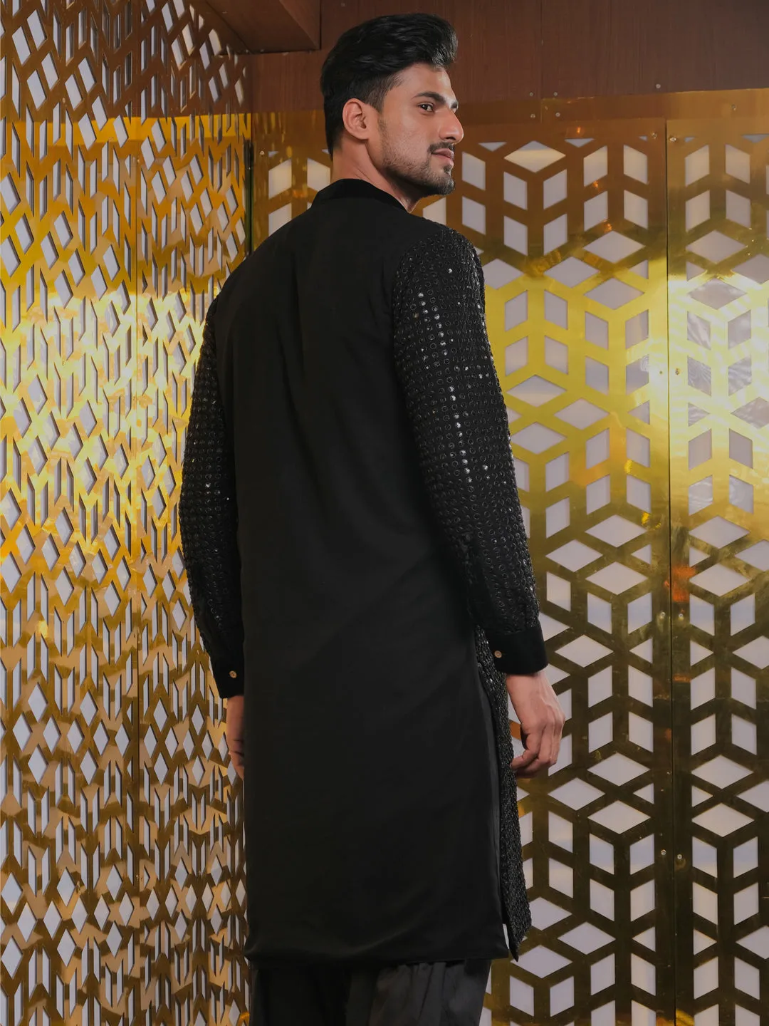 Vastramay Men's Black Mirror Georgette Kurta