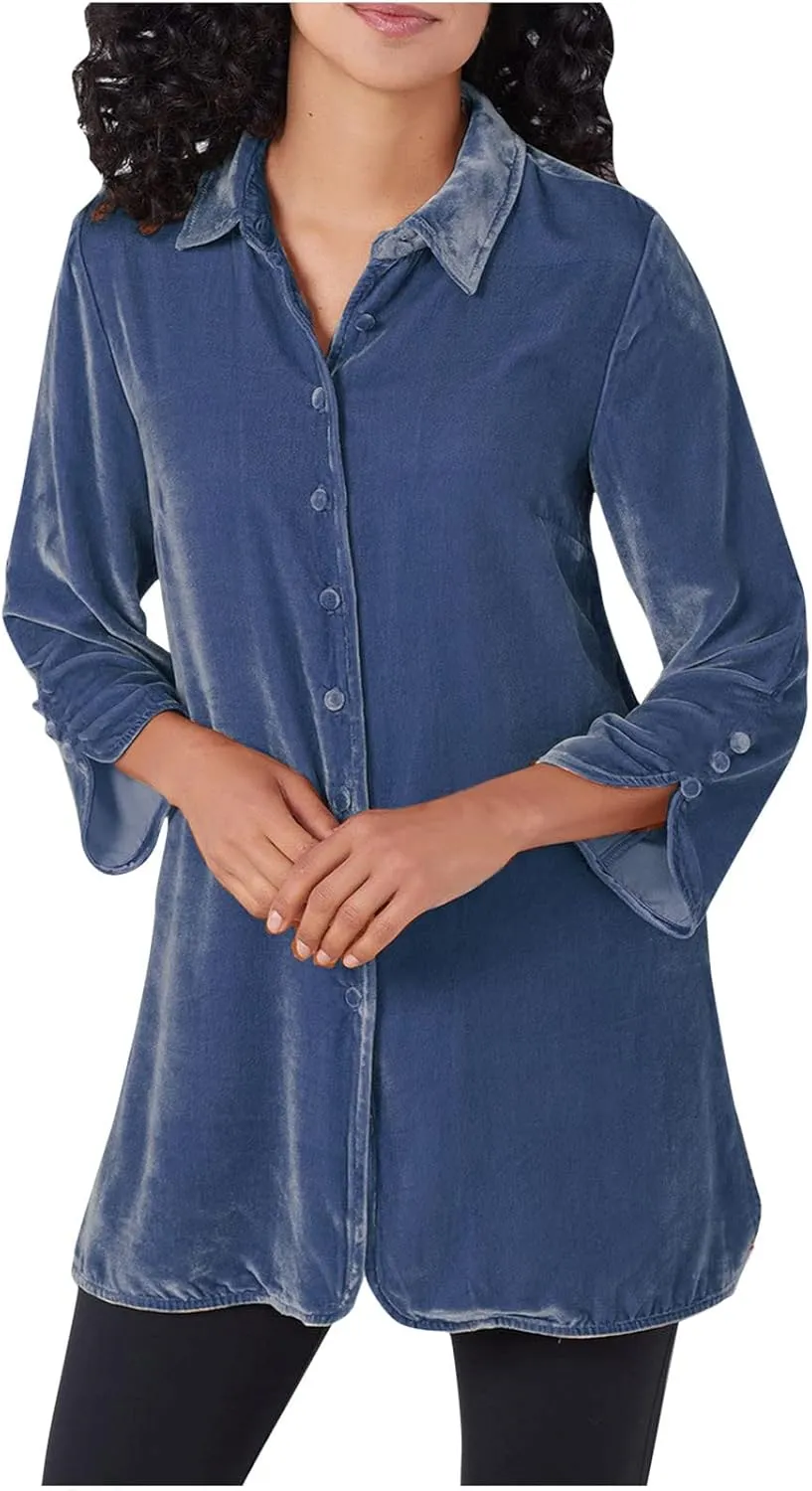 Velour Long Shirt for Women Fashion Long Sleeve Velvet Shirt Blazer Button Down Tunic Tops Slouchy Lapel Soft Blouse