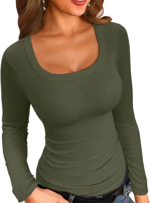 VICHYIE Womens Summer Short Sleeve Tops Square Neck Ribbed Slim Fitted Shirts Casual Tee Tshirt
