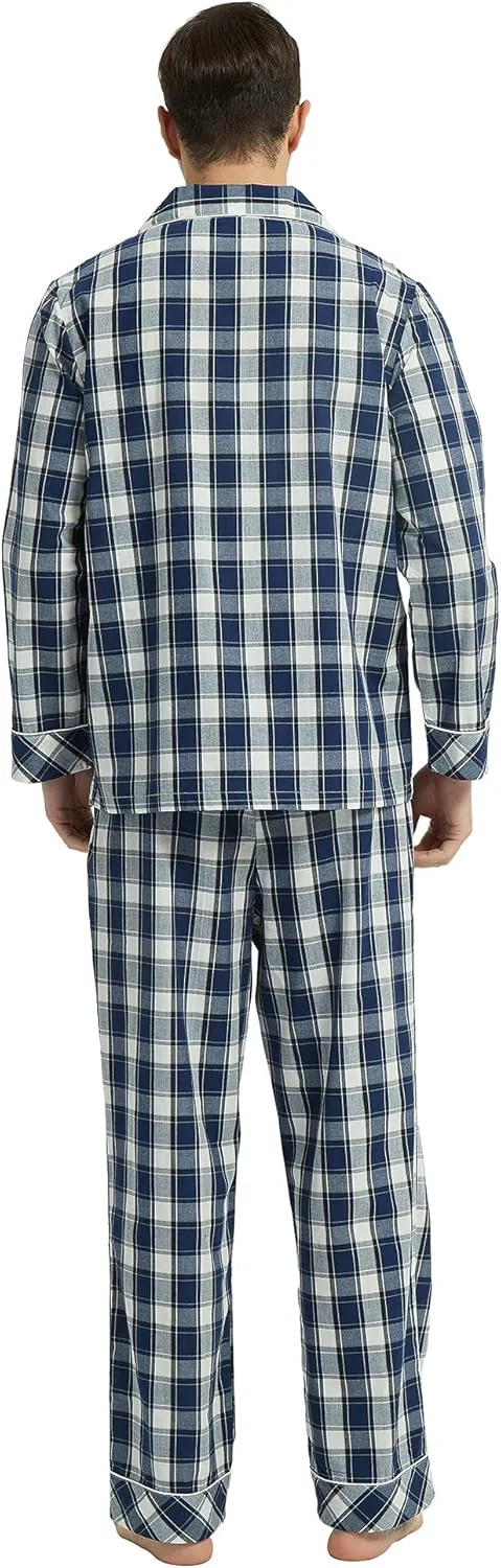 Vulcanodon Mens Cotton Pajama Set, Button Down Woven Pajama Set for Men Plaid Men's Sleepwear