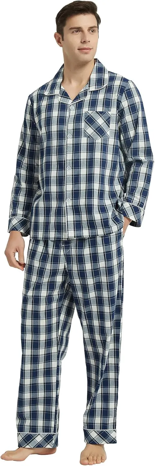 Vulcanodon Mens Cotton Pajama Set, Button Down Woven Pajama Set for Men Plaid Men's Sleepwear
