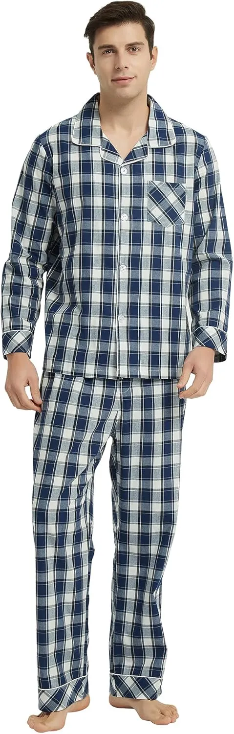 Vulcanodon Mens Cotton Pajama Set, Button Down Woven Pajama Set for Men Plaid Men's Sleepwear