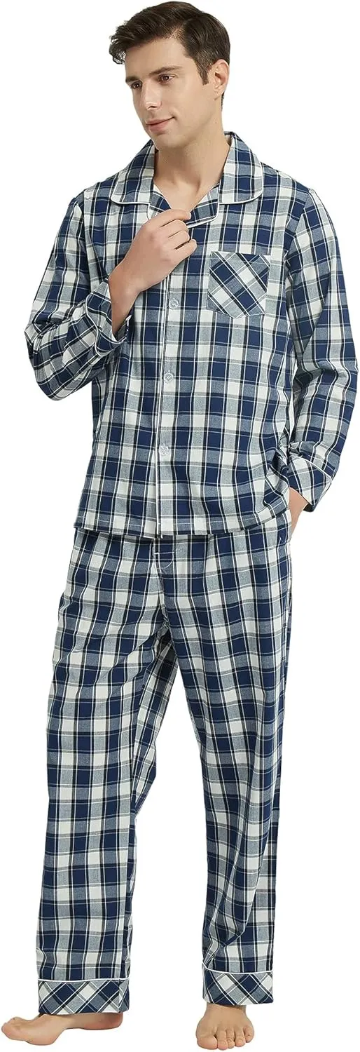 Vulcanodon Mens Cotton Pajama Set, Button Down Woven Pajama Set for Men Plaid Men's Sleepwear