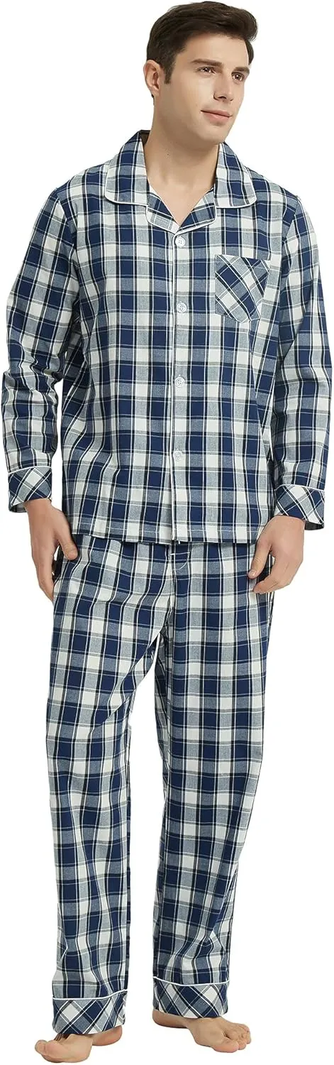 Vulcanodon Mens Cotton Pajama Set, Button Down Woven Pajama Set for Men Plaid Men's Sleepwear