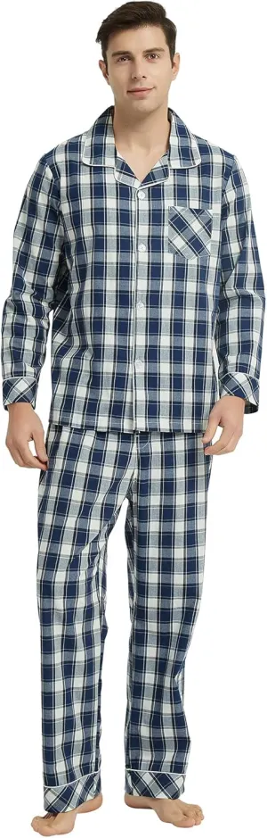 Vulcanodon Mens Cotton Pajama Set, Button Down Woven Pajama Set for Men Plaid Men's Sleepwear