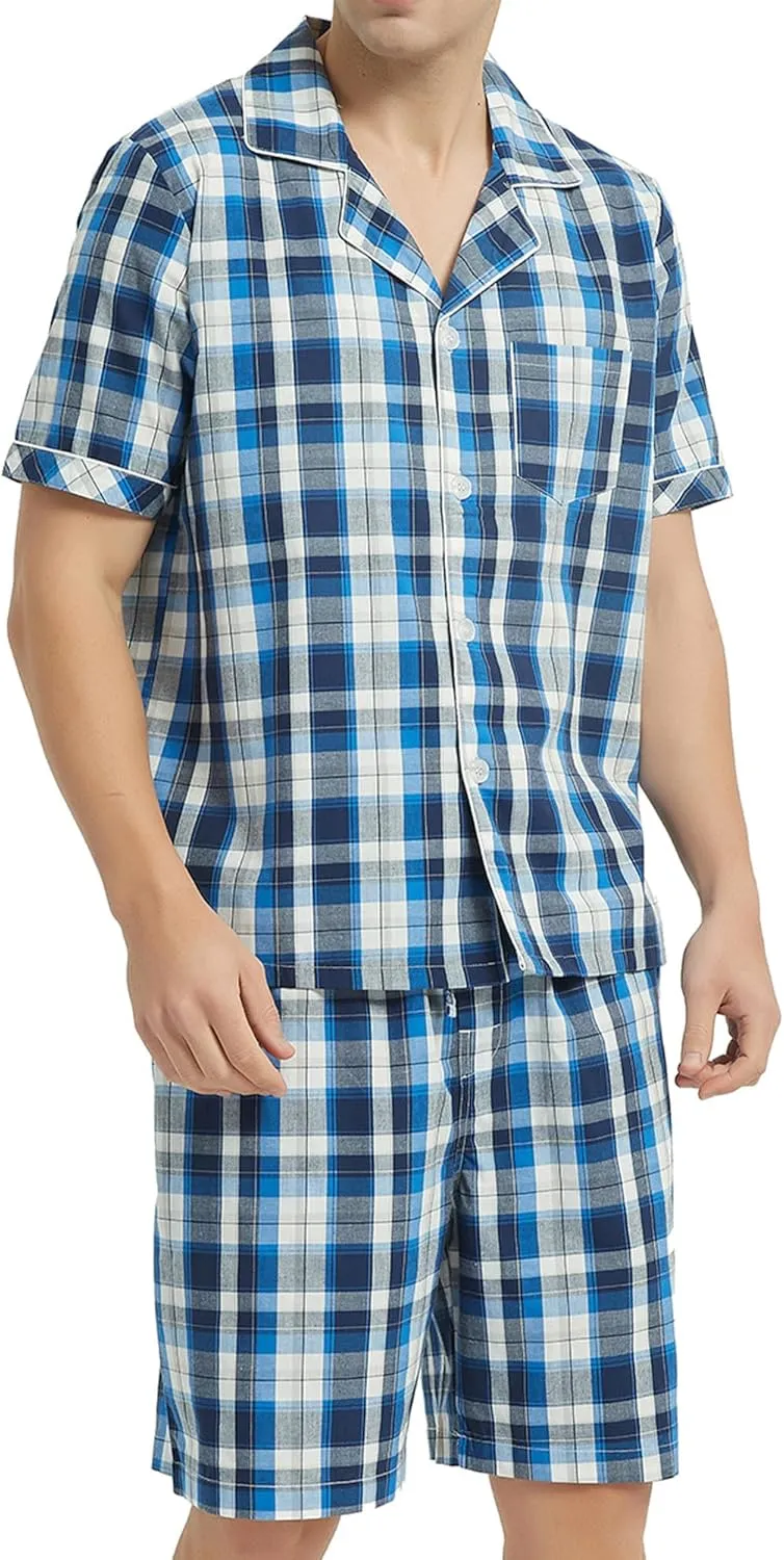 Vulcanodon Mens Cotton Pajama Set Short Sleeve, Button Down Pajama Set for Men Lightweight Men's Sleepwear