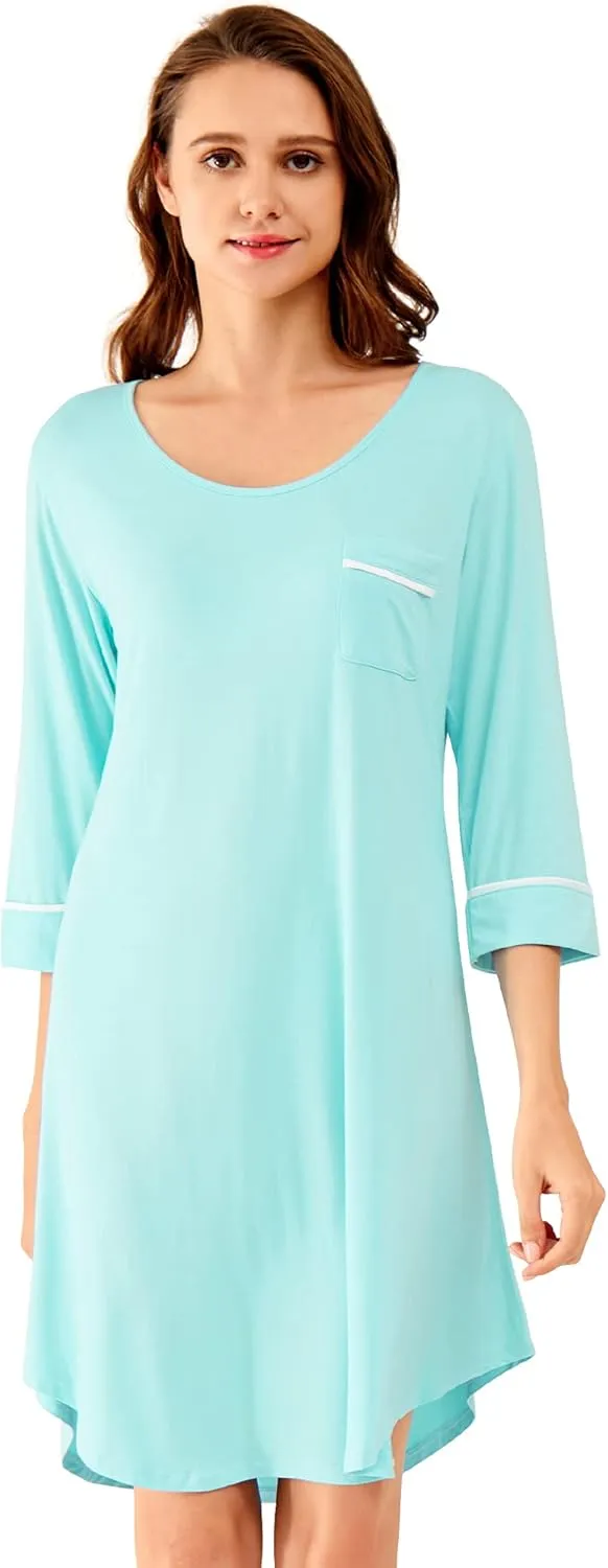 WiWi Bamboo Viscose Nightgowns for Women 3/4 Sleeve Nightshirts Sleep Shirt Plus Size Sleepwear Pajamas Dress S-4X