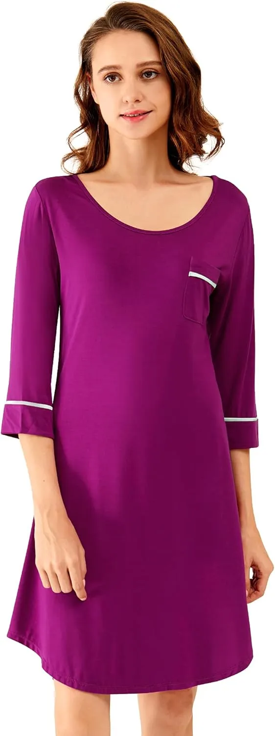 WiWi Bamboo Viscose Nightgowns for Women 3/4 Sleeve Nightshirts Sleep Shirt Plus Size Sleepwear Pajamas Dress S-4X