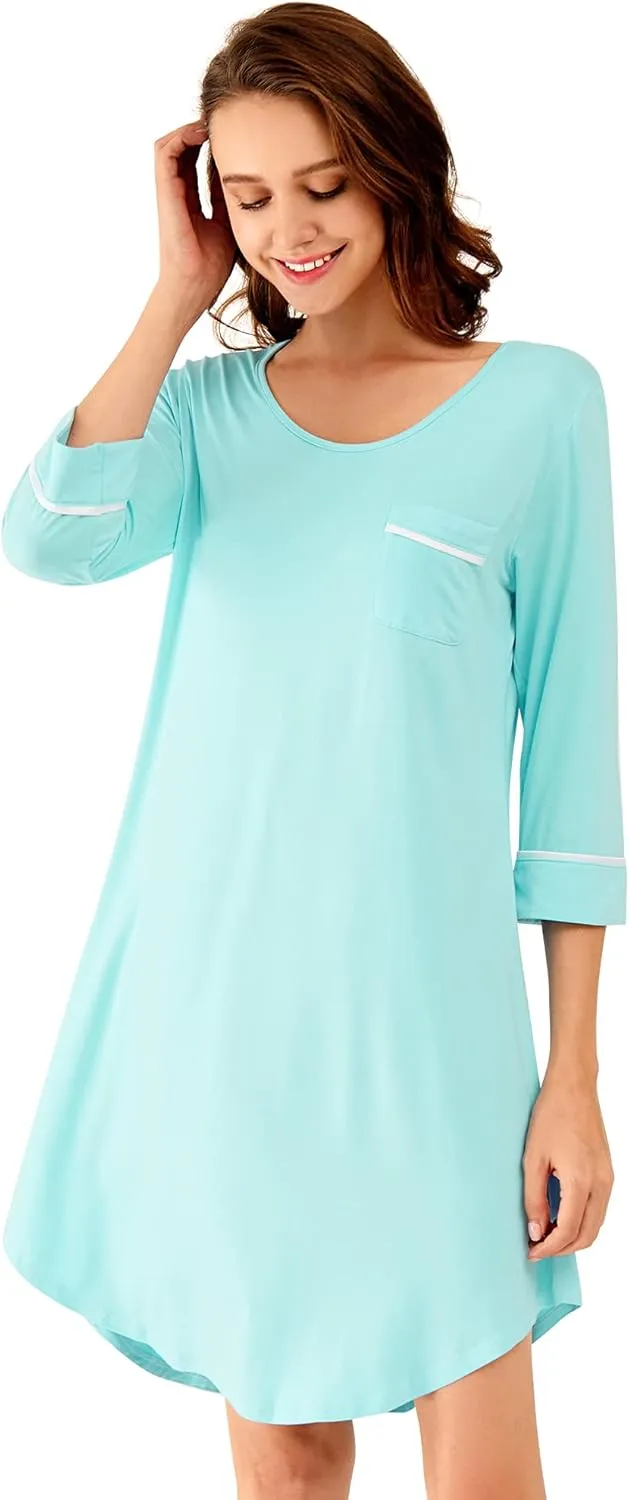 WiWi Bamboo Viscose Nightgowns for Women 3/4 Sleeve Nightshirts Sleep Shirt Plus Size Sleepwear Pajamas Dress S-4X